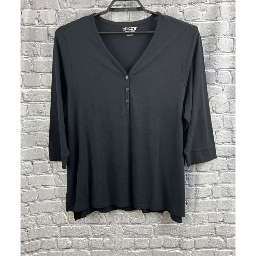 Chico's Cotton Slub Henley Side Slit Tunic Top 3/4 Sleeve Basic Knit Black 4 XXL